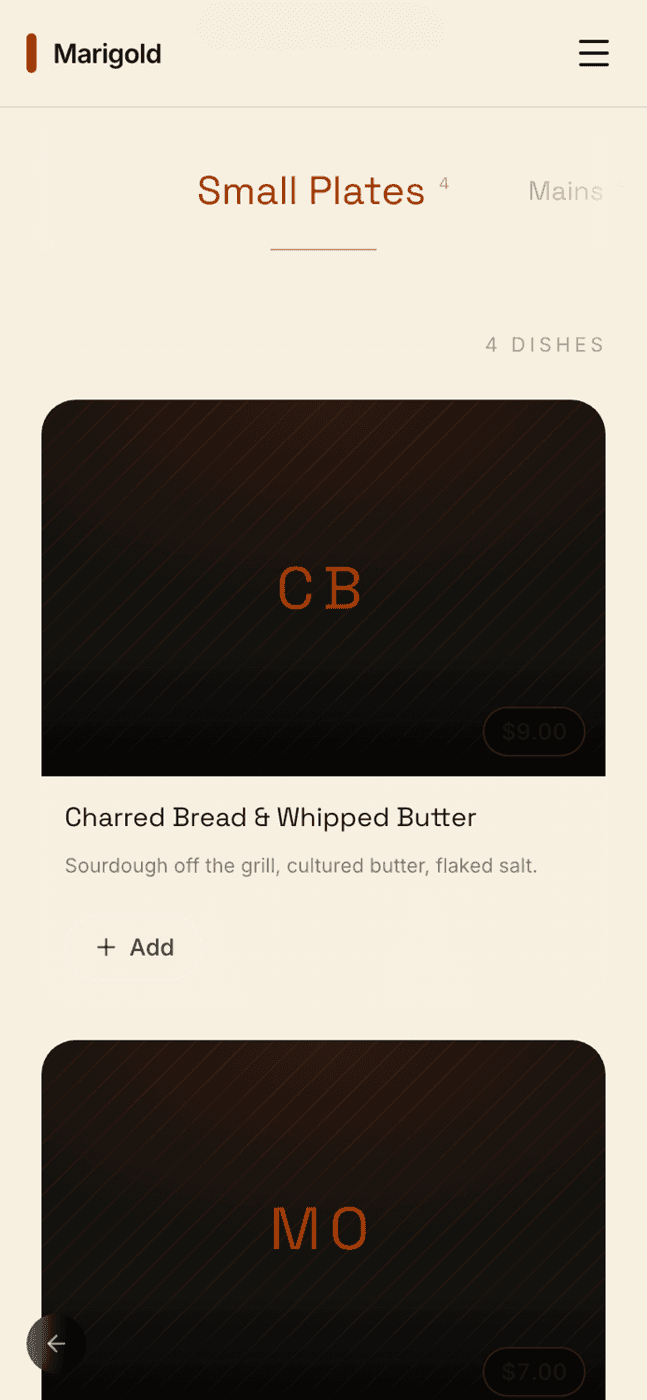 An ordering storefront: category chips, described and allergen-tagged dishes