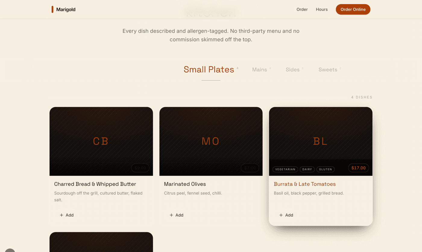 An ordering storefront: category chips, described and allergen-tagged dishes