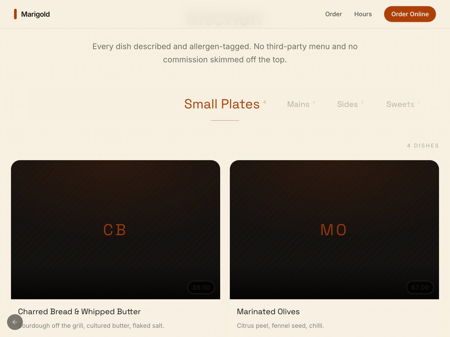 The ordering page on a tablet
